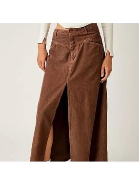 Free People Brown Corduroy Maxi Skirt with Front Slit